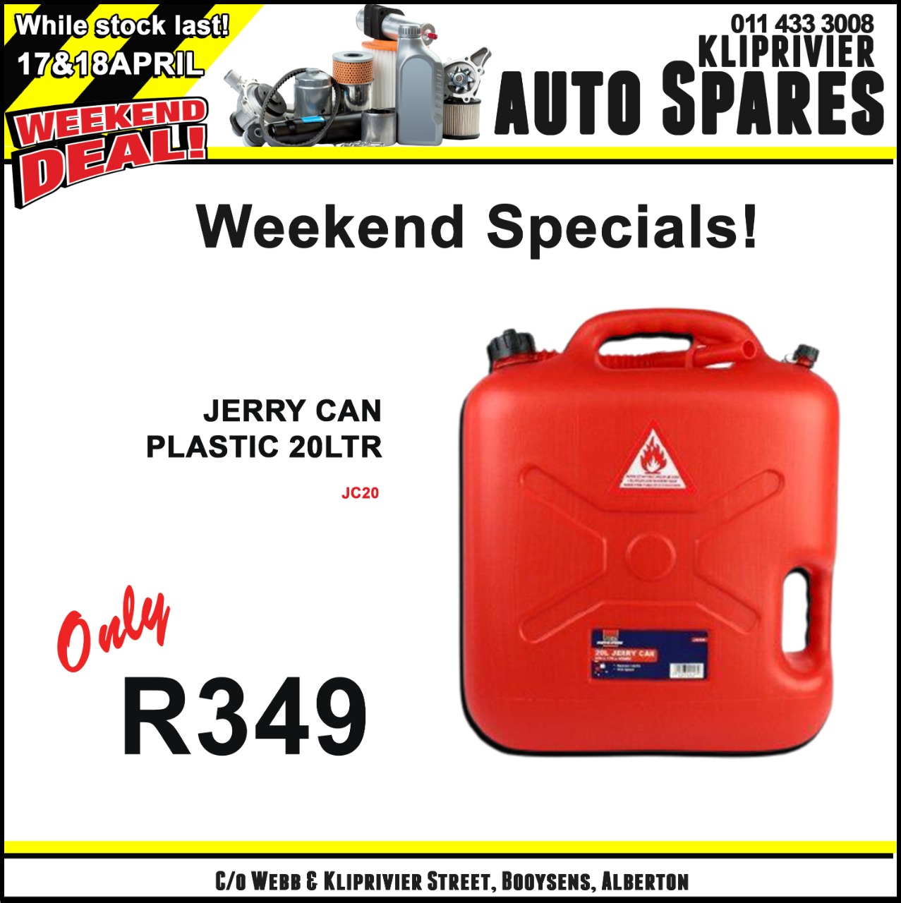 Jerry Can Plastic 20 Liter ONLY at Kliprivier AUTO Spares!