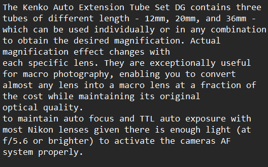 Kenko Auto Ext Tube Set Nikon Lenses