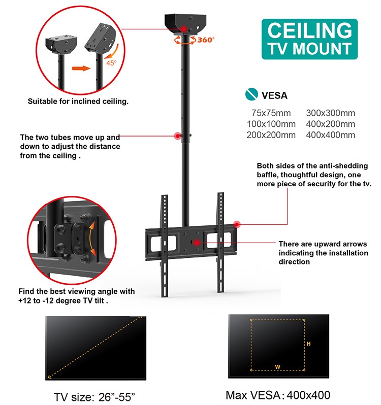 TV Ceiling Wall Mount Bracket, Full Motion Cantilever Bracket 26-55 inches. NEW