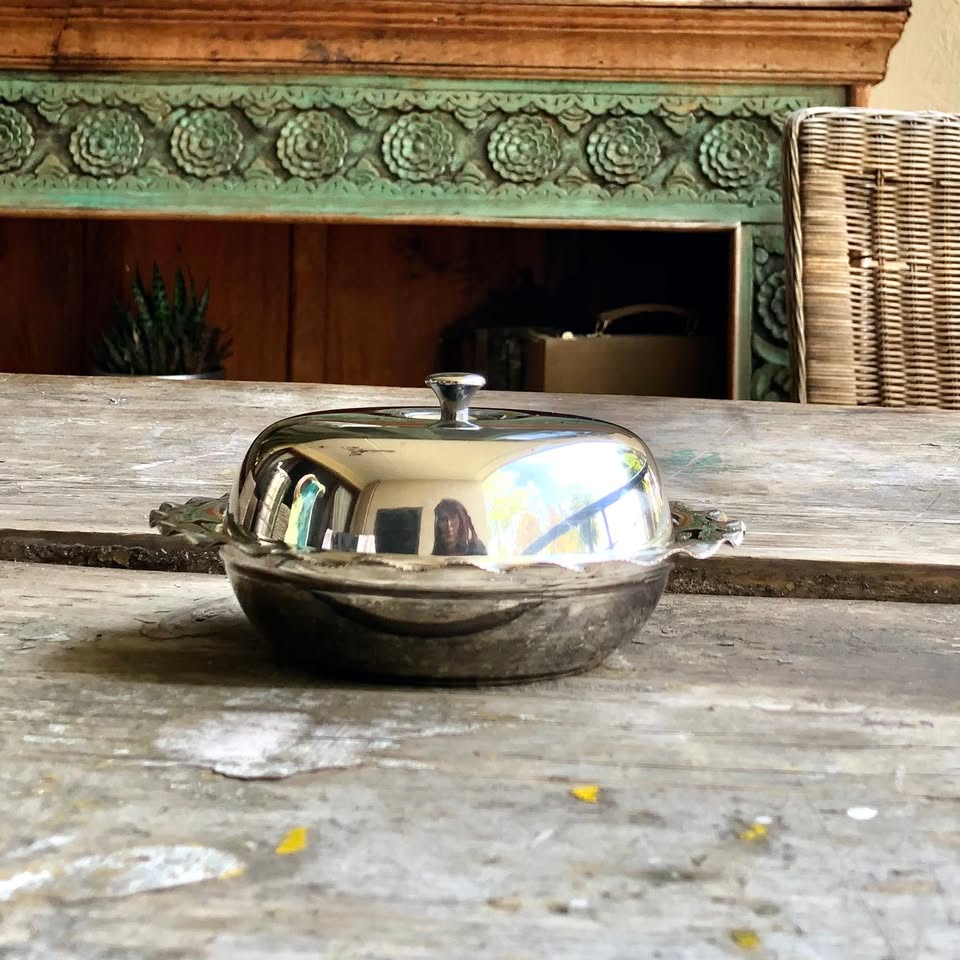 Antique Silver Plated Butter Dish – Scalloped Edge with Glass Inner
