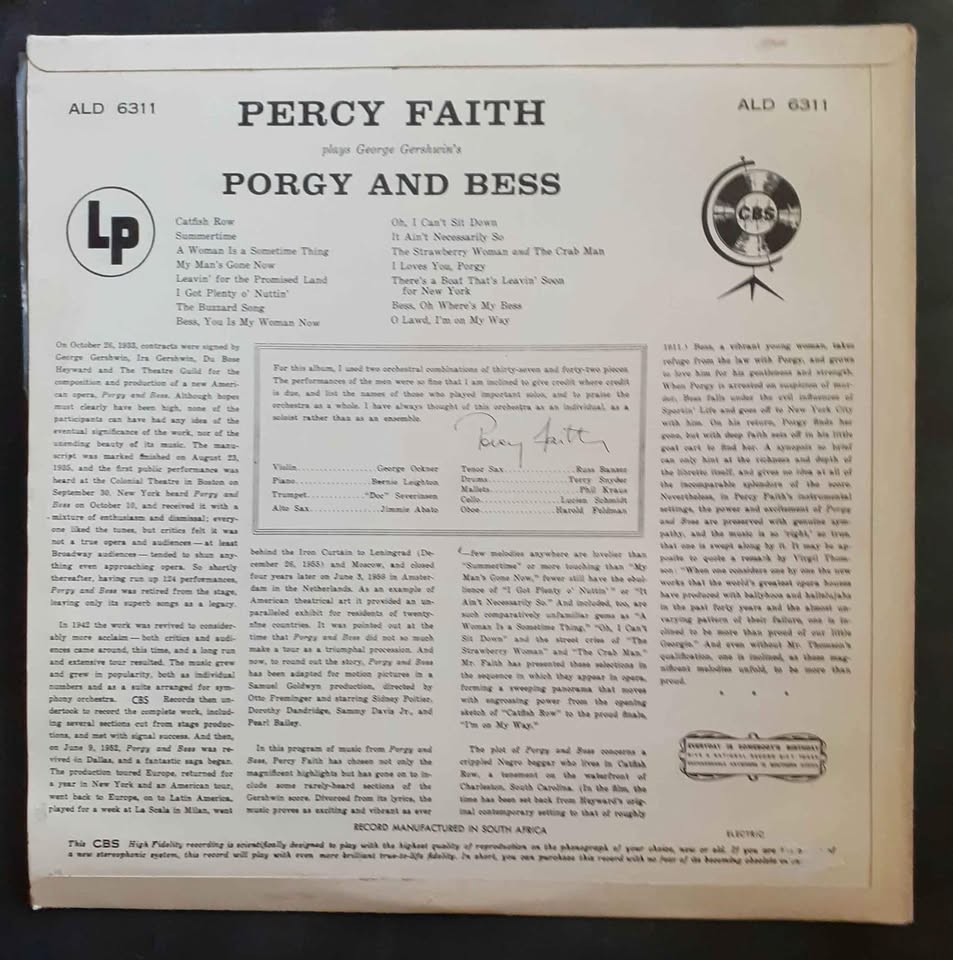 Percy Faith Plays George Gershwin's Porgy and Bess LP Record