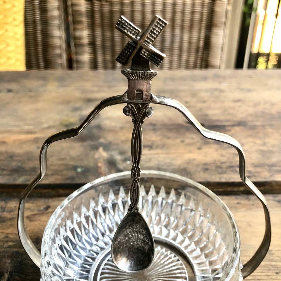 For Sale: Elegant Glass Sugar Bowl with Silver-Plated Frame & Charming Windmill Spoon
