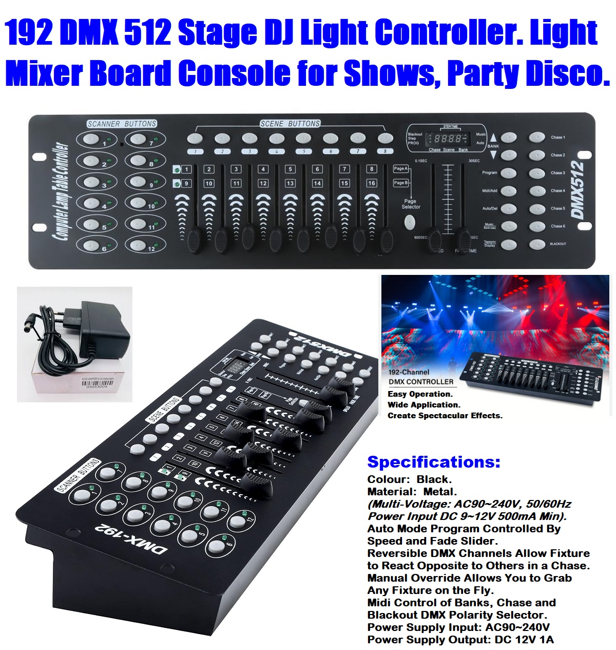 DMX512 Controller Console 192 Ch Light Effects for DJs, Disco, Stage, Party