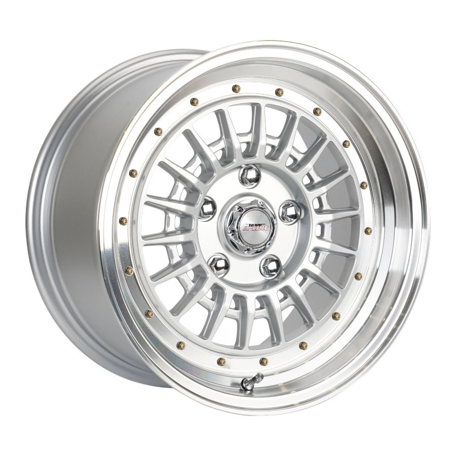 15″ A-Line Indy 4/100 & 4/114 Artic Silver with gold Rivet Alloy Wheels