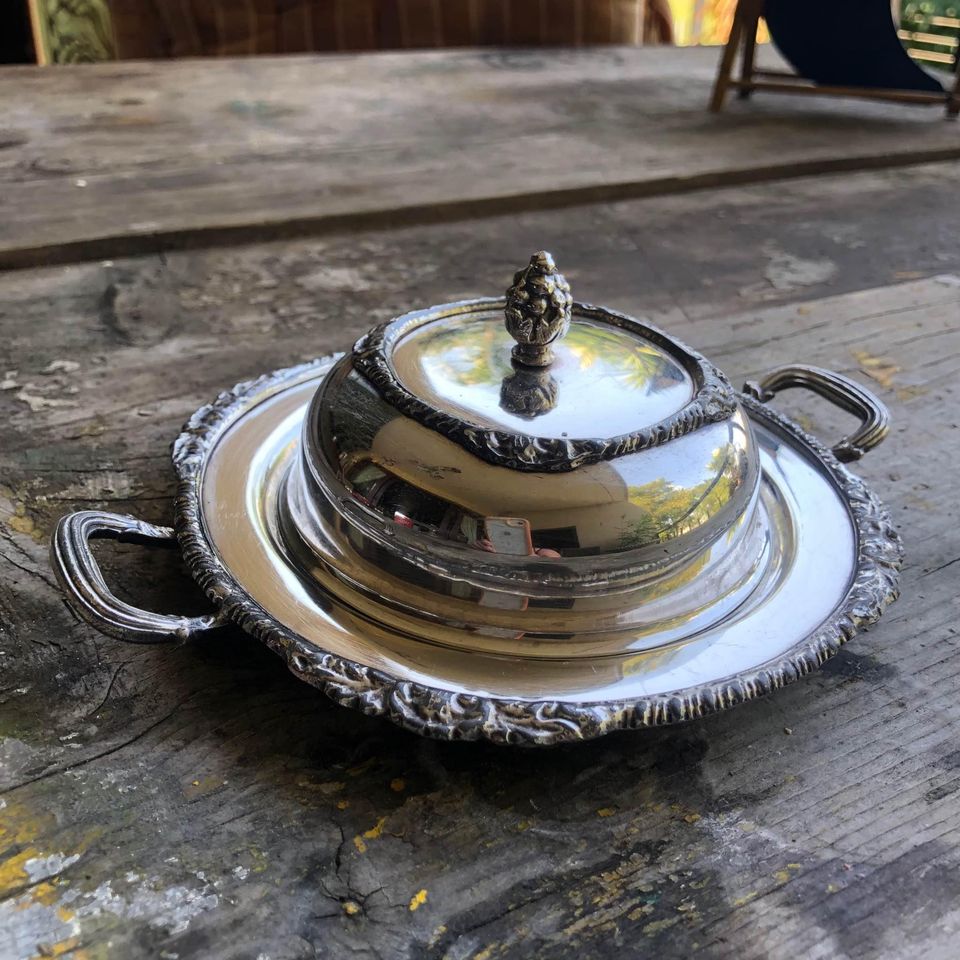Vintage Seranco EPNS Art Nouveau Silver Plated Butter Dish with Handles and Lid Vintage Seranco EPNS Art Nouveau Silver Plated Butter Dish with Handles and Lid