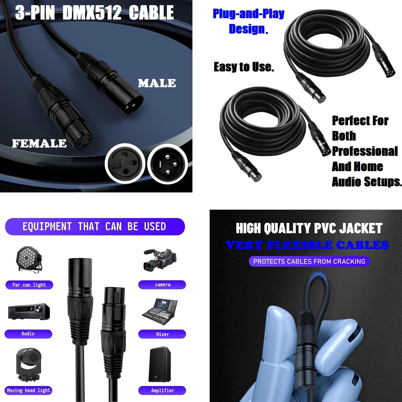 DMX512 Cable 3Pin 10m XLR Male to Female for Audio, Sound, Visual Equipment. NEW