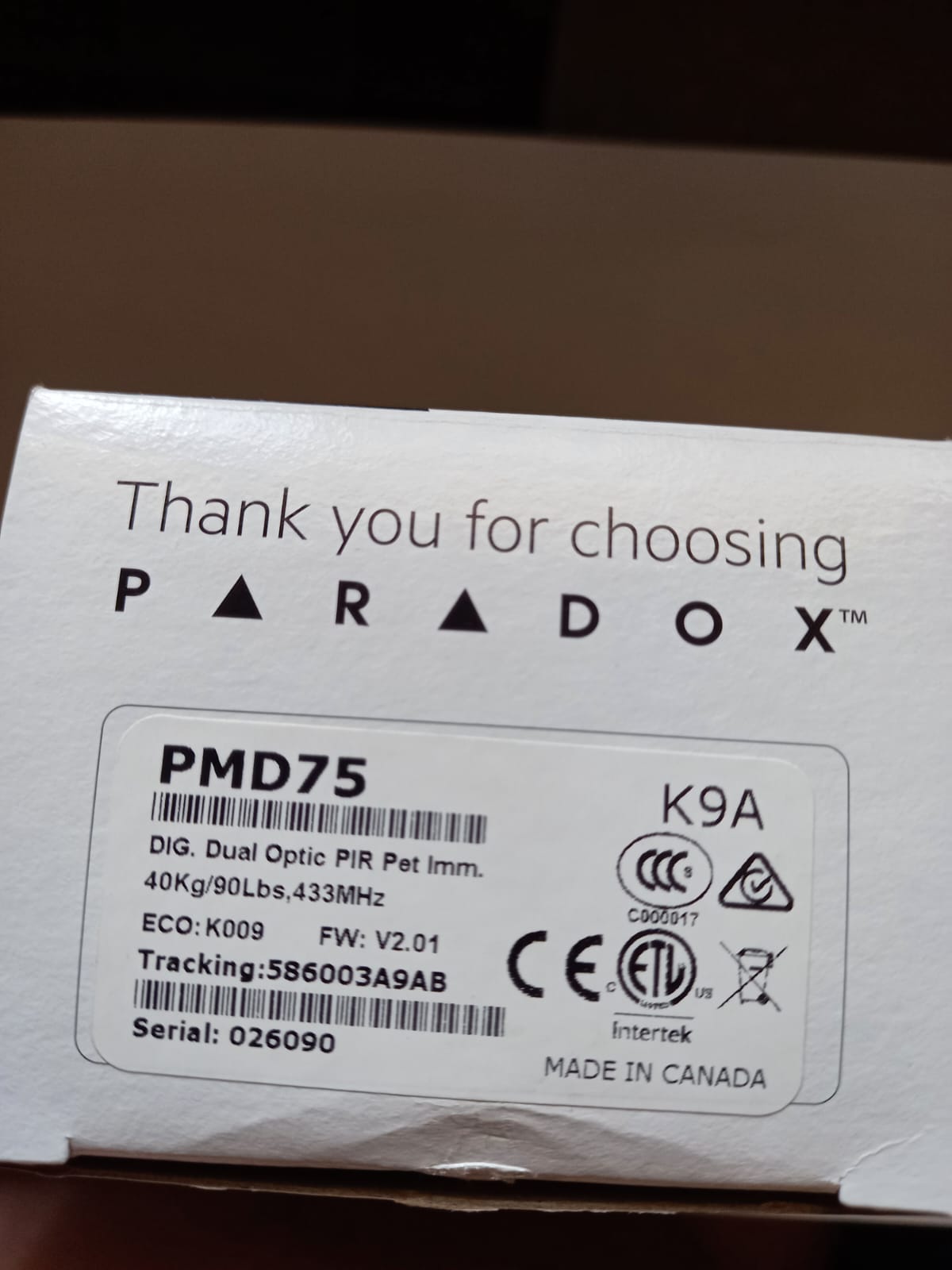 Paradox PMD75 Digital Dual-Optic High-Performance PIR - 433Mhz(40kg True Pet Imm
