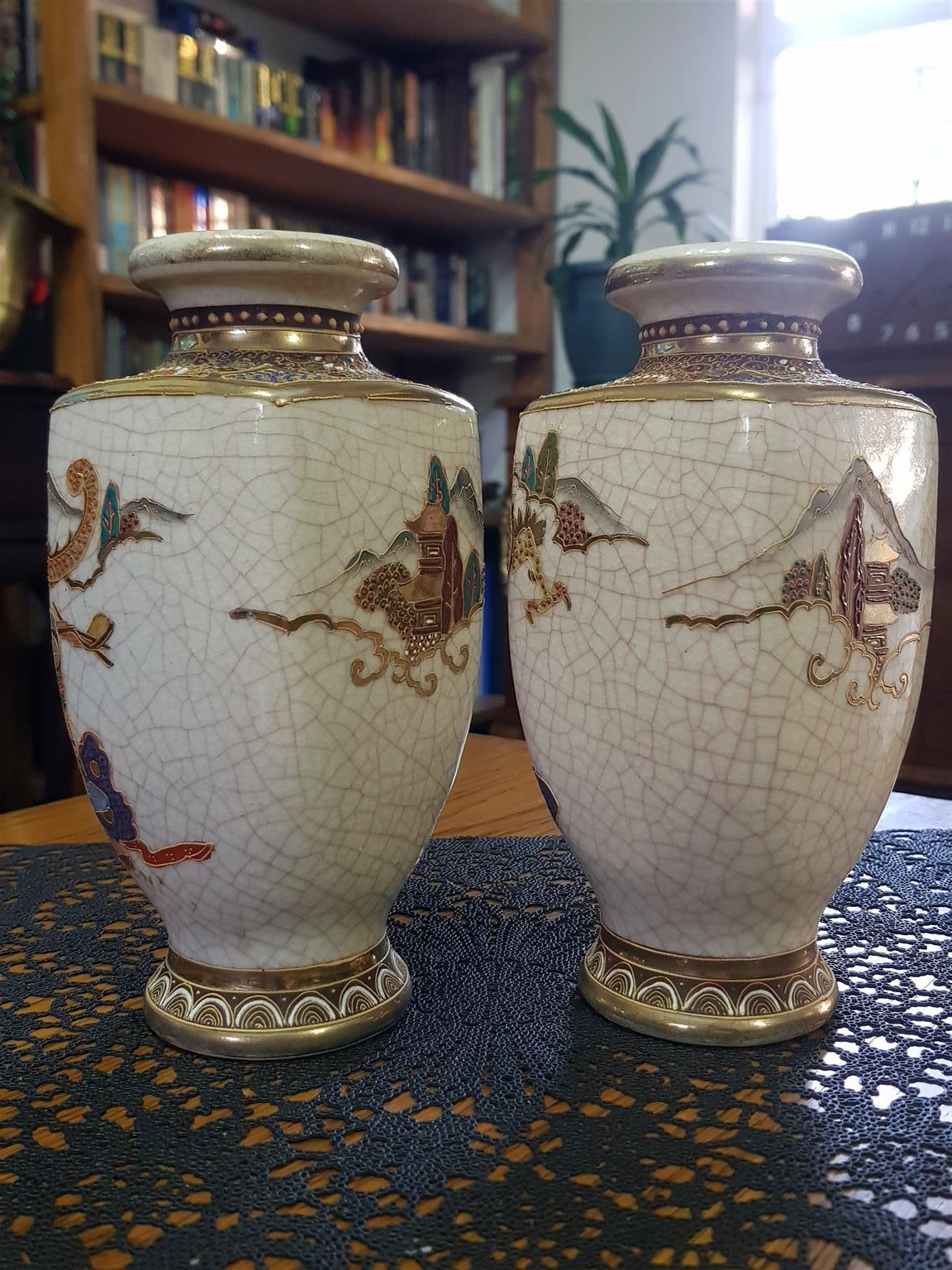 Antique pair of Mejiji Japanese Satsuma Vases ~ Circa 1603-1868