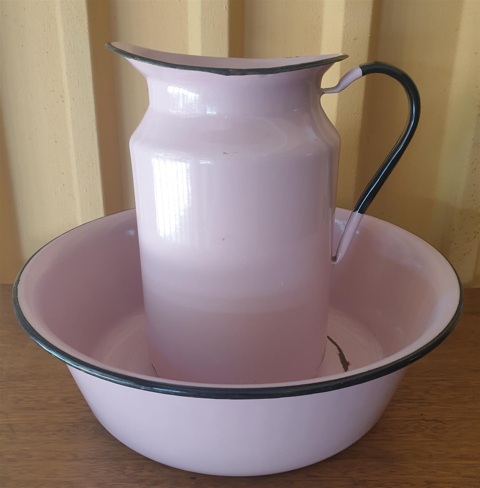Vintage Pink Enamel Jug and Wash Basin