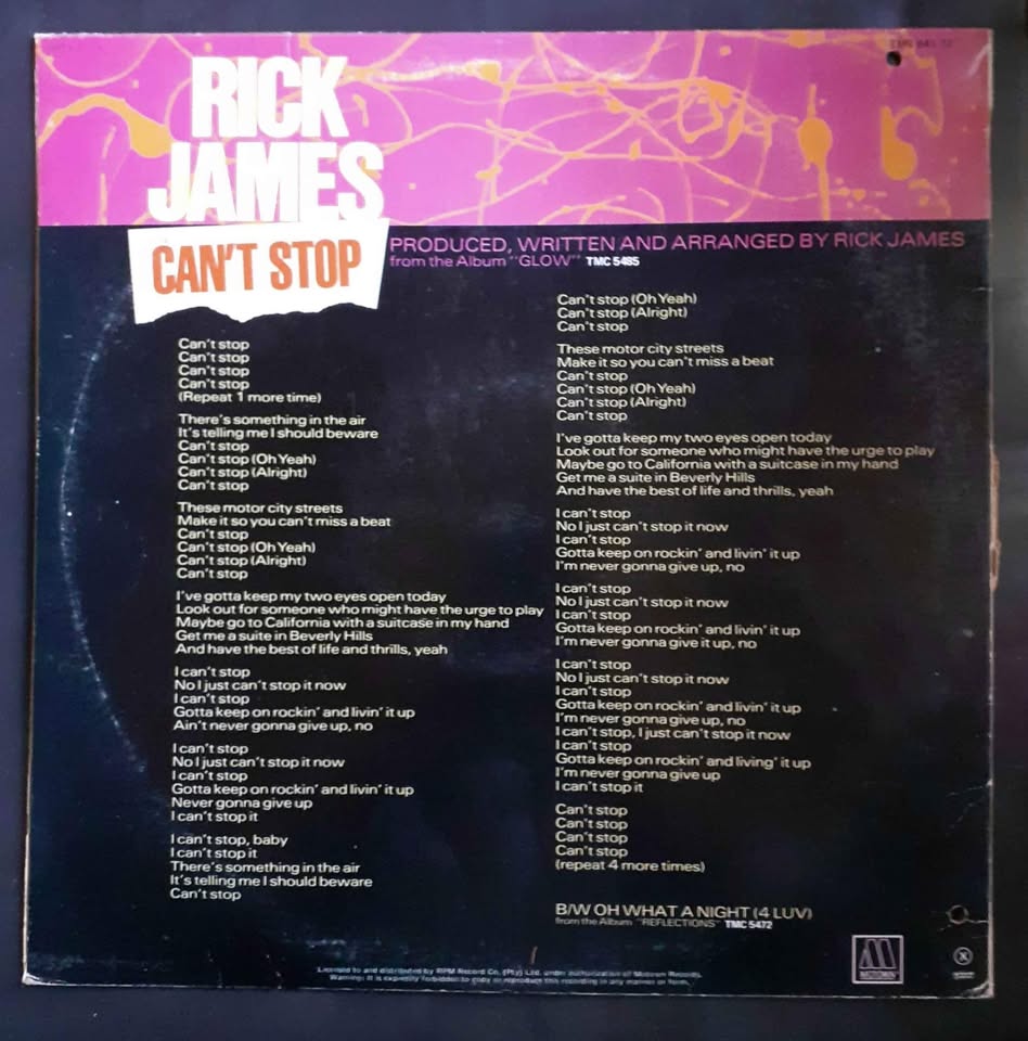 Rick James - Can't Stop 12" Single Record