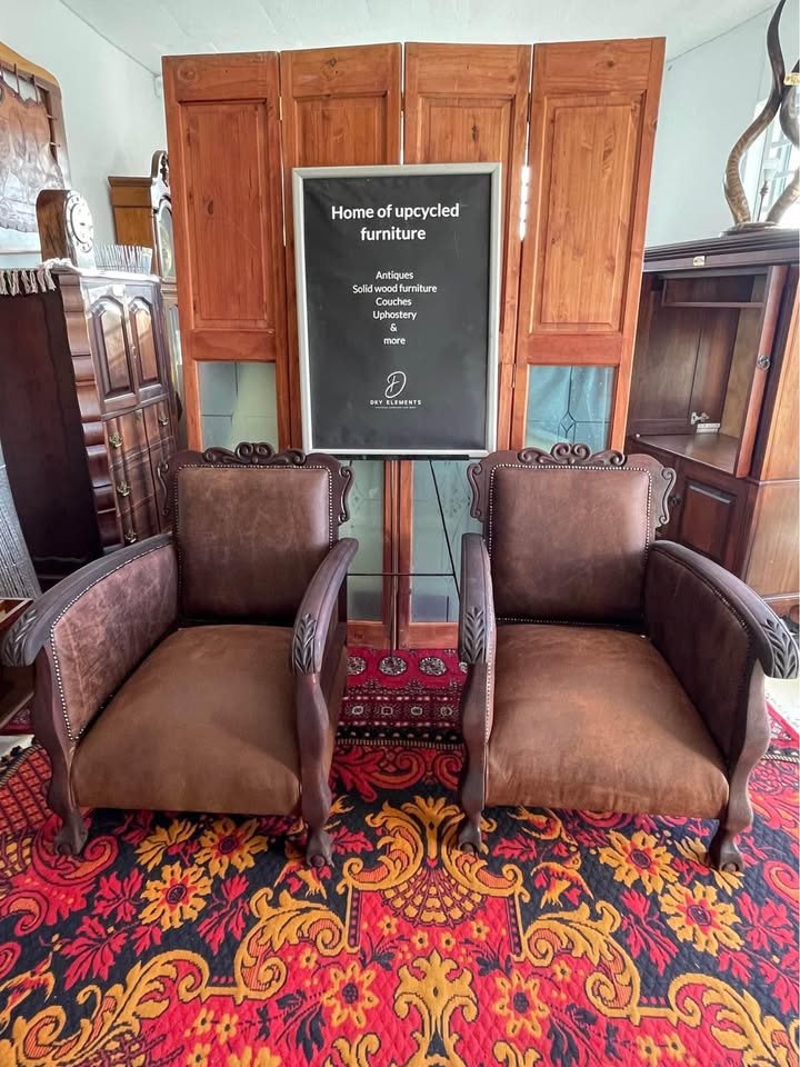 Antique Chairs - upholstered in brown buffalo leather ( price is per chair)