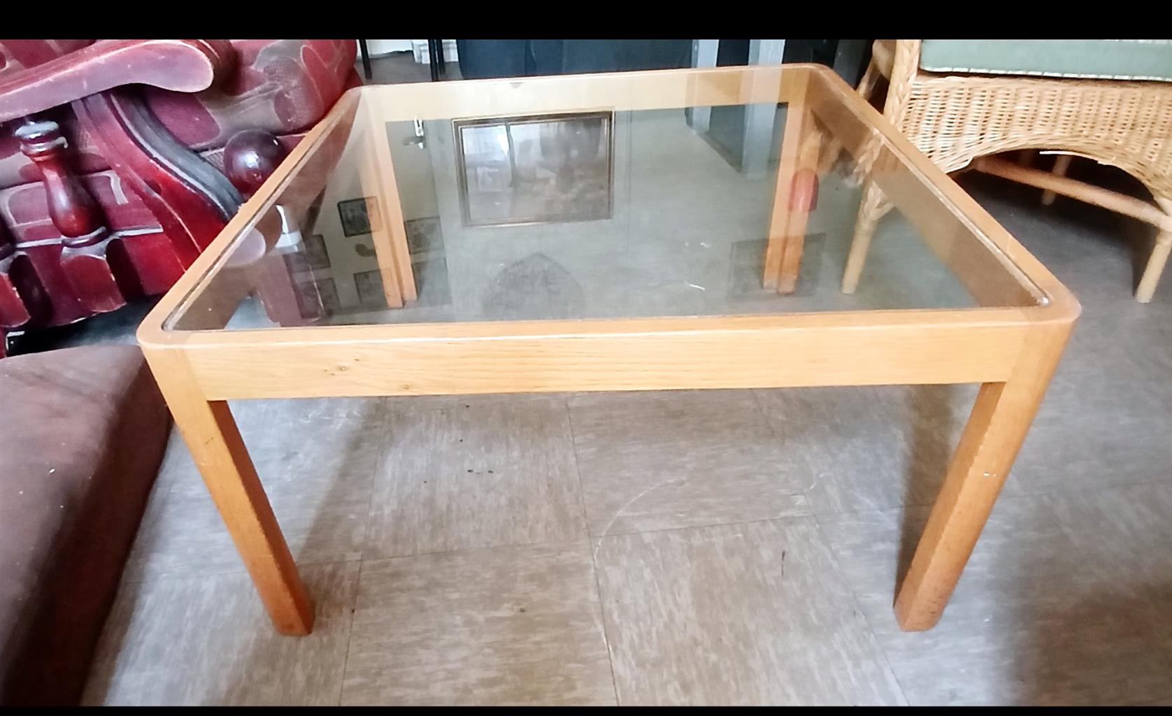 Vintage Cane wood double barrow chairs and glass top coffee table