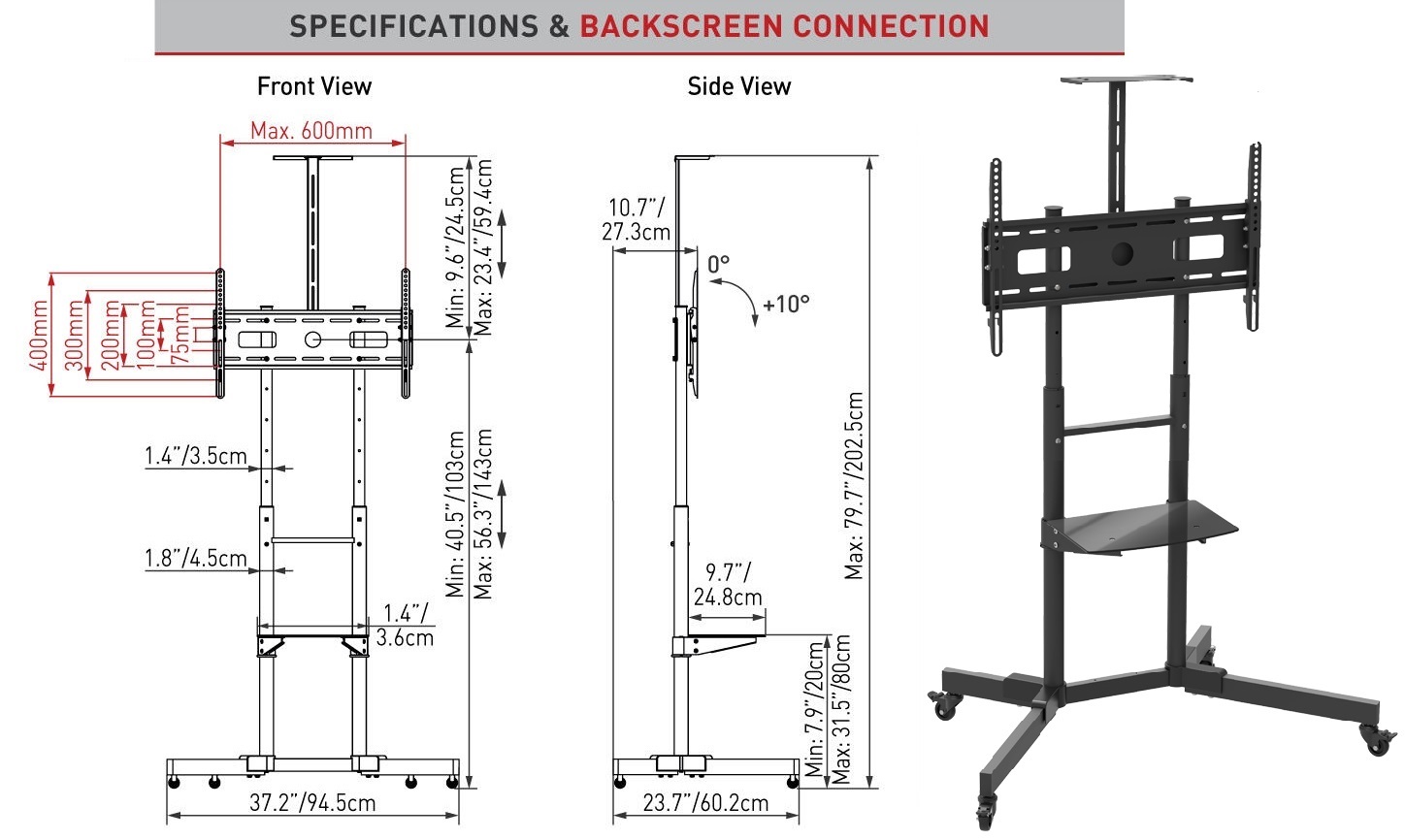 Mobile TV Trolley Tilt, Vertical Adjustment Stand Cart With Wheels And Shelves.