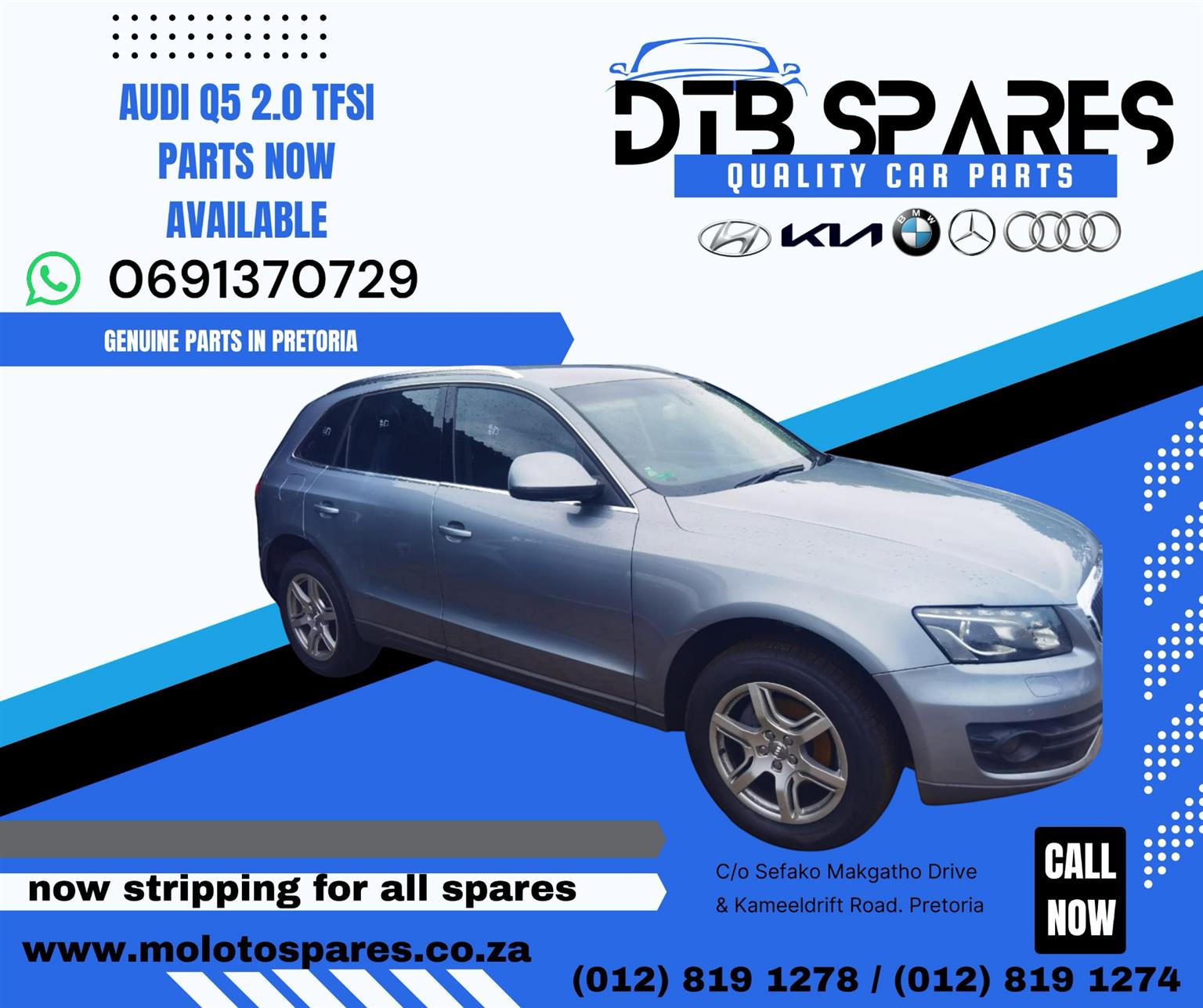 All spares for Audi Bmw Merc Kia and Hyundai