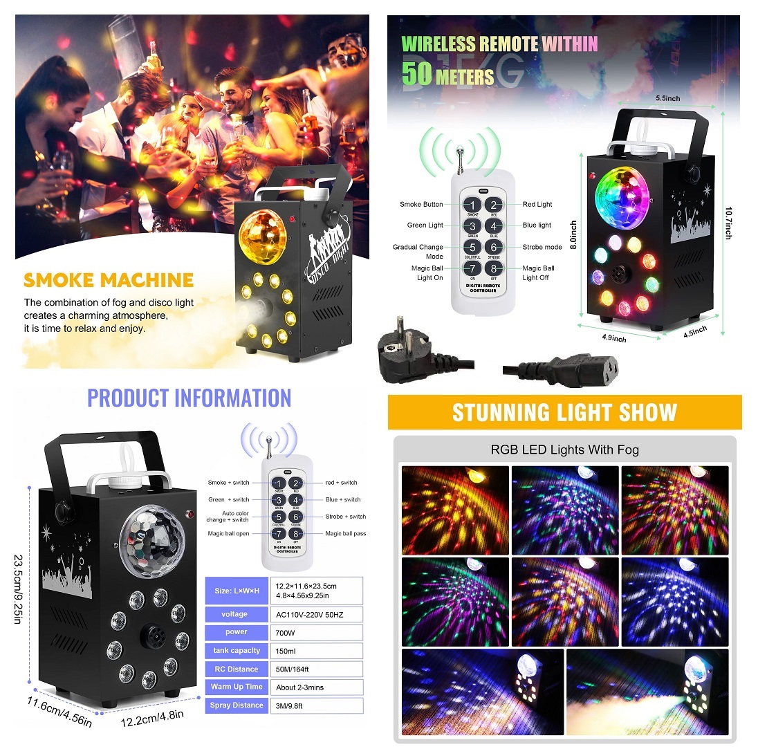 Professional Smoke Fog Machine with MultiColour RGB LEDs, Rotating Light Ball.
