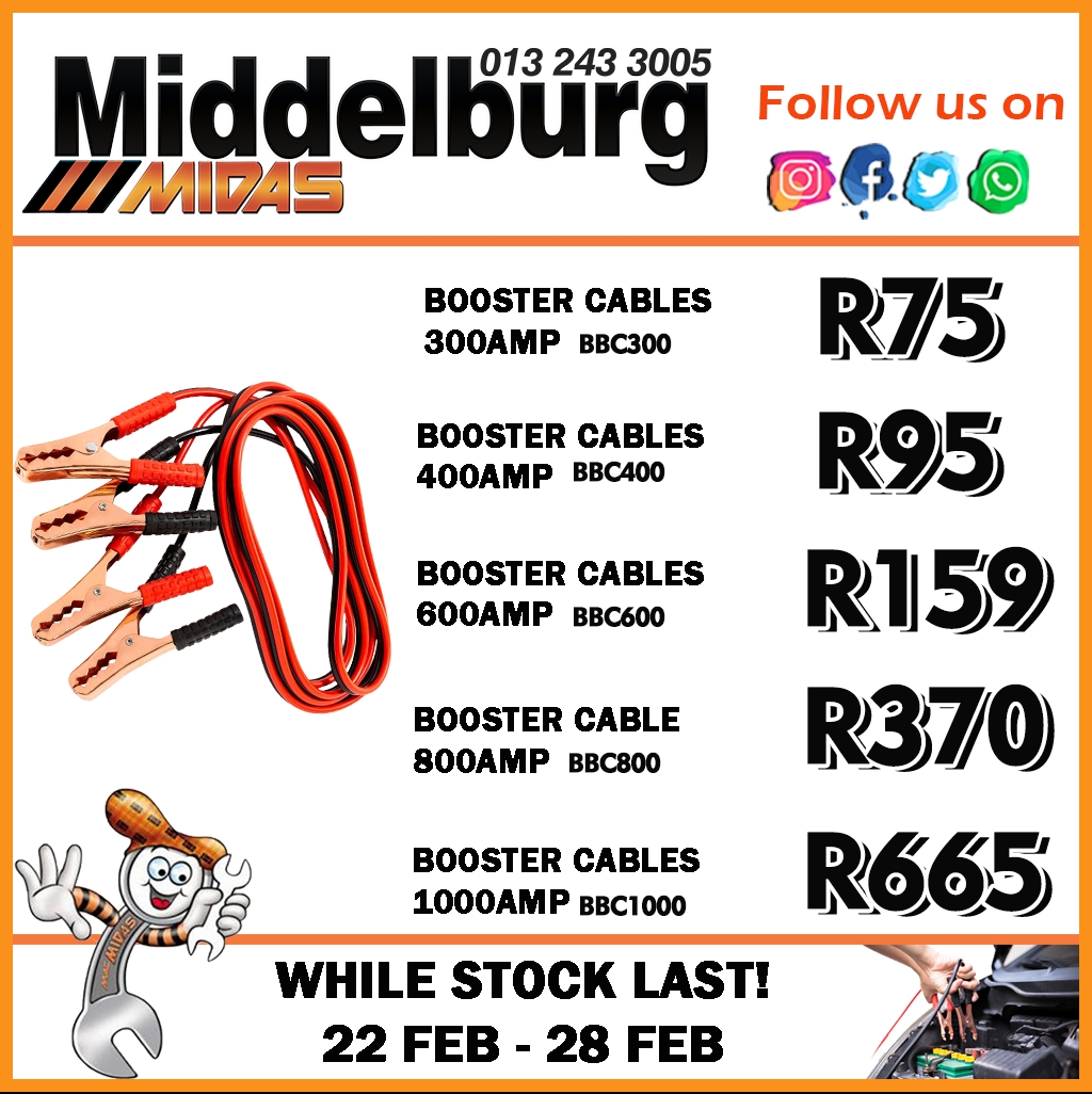 Booster Cables available at Middelburg Midas -Sparesworld! 