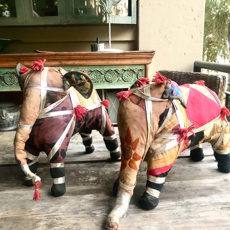 Vintage Hand-Crafted Anglo Raj Embroidered Stuffed Ceremonial Elephants - Pair