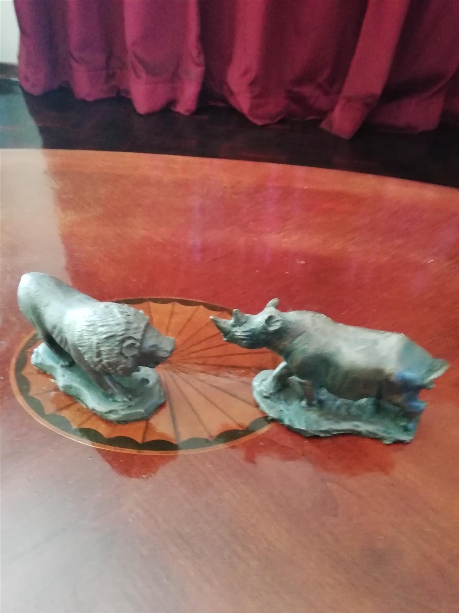 Statue of african rhino and lion from solid brass, 