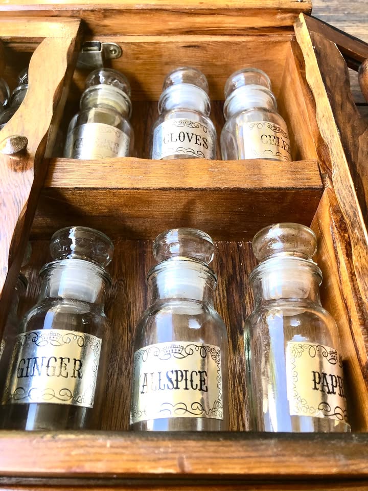 Vintage 60s/70s Wooden Spice Rack with 12 Original Glass Bottles