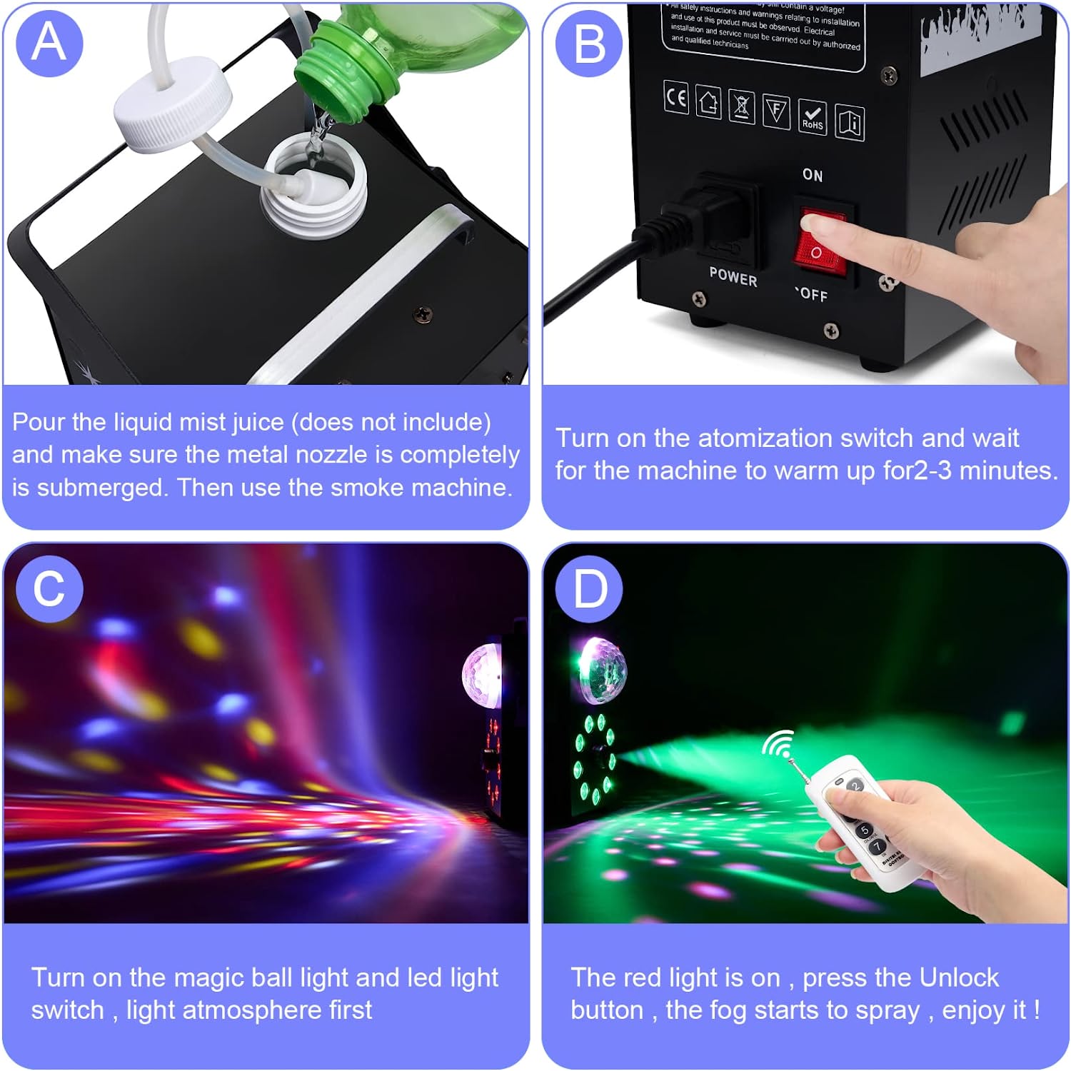 Professional Smoke Fog Machine with MultiColour RGB LEDs, Rotating Light Ball.