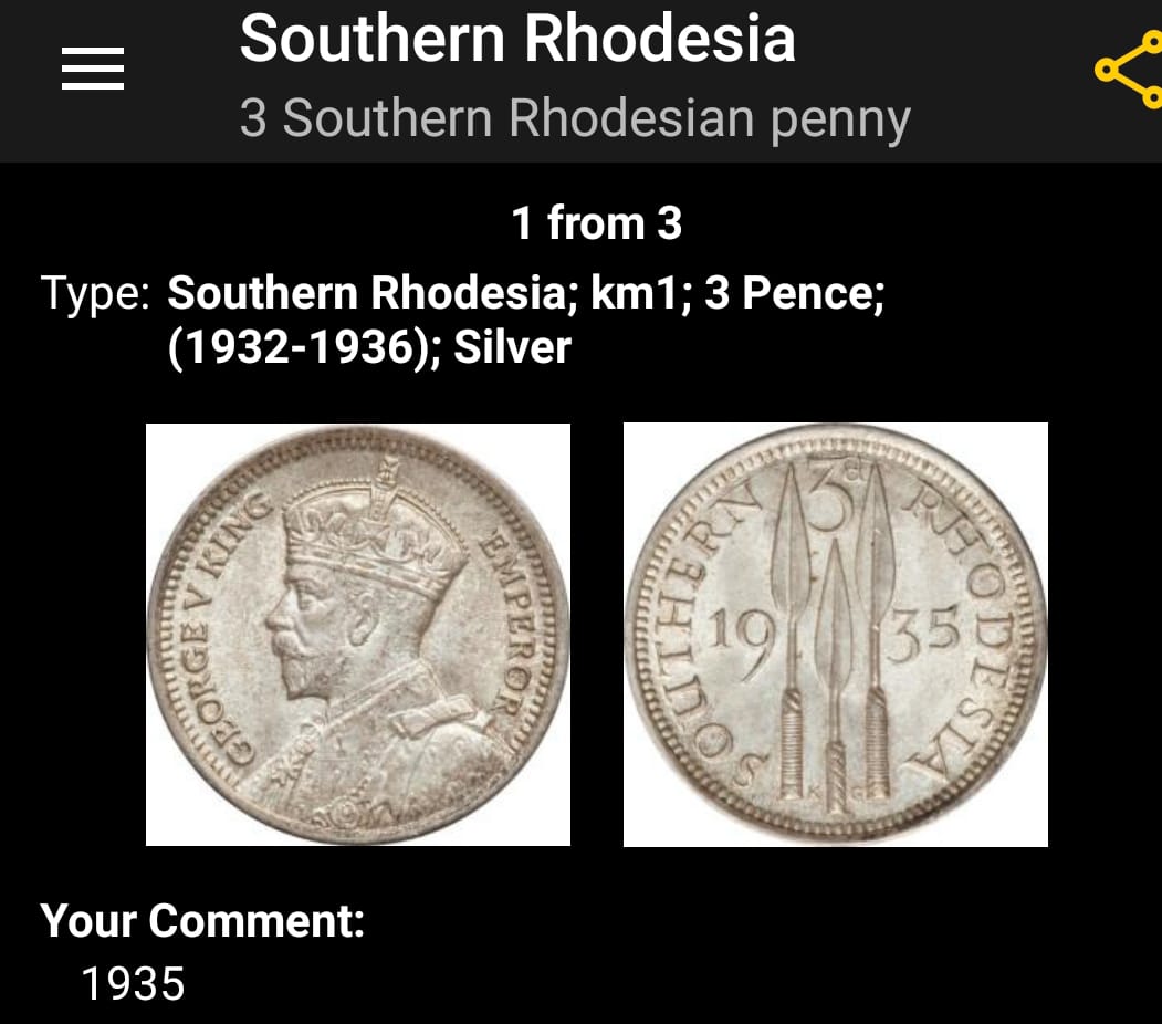 Southern Rhodesia 3d (Thrupenny) silver coin. 1934 & 1936. Southern Rhodesia 3d (Thrupenny) silver coin. 1934 & 1936.