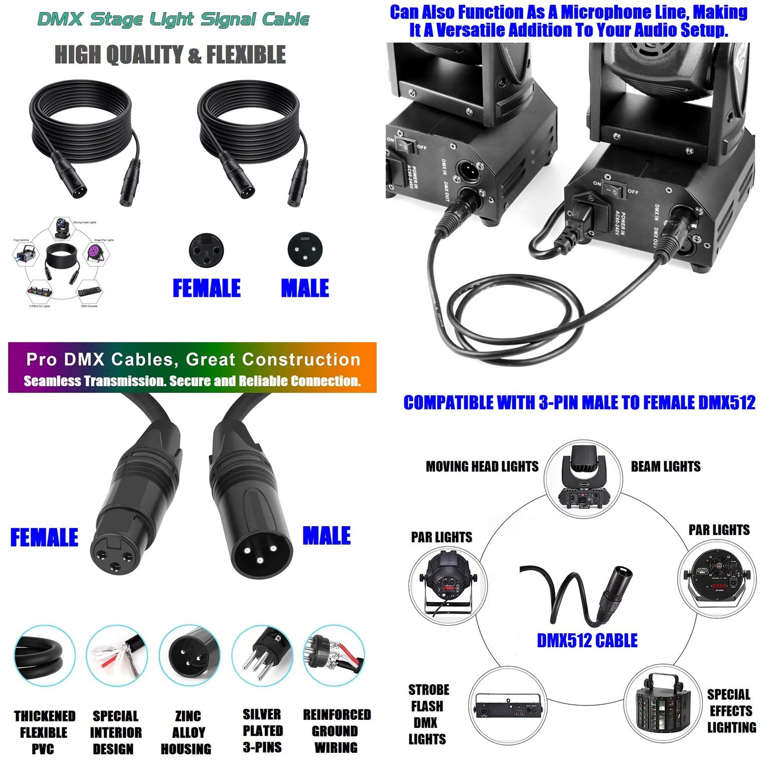 DMX512 Cable 3Pin 5metres XLR Male Female for Audio, Sound, Visual Equipment.NEW