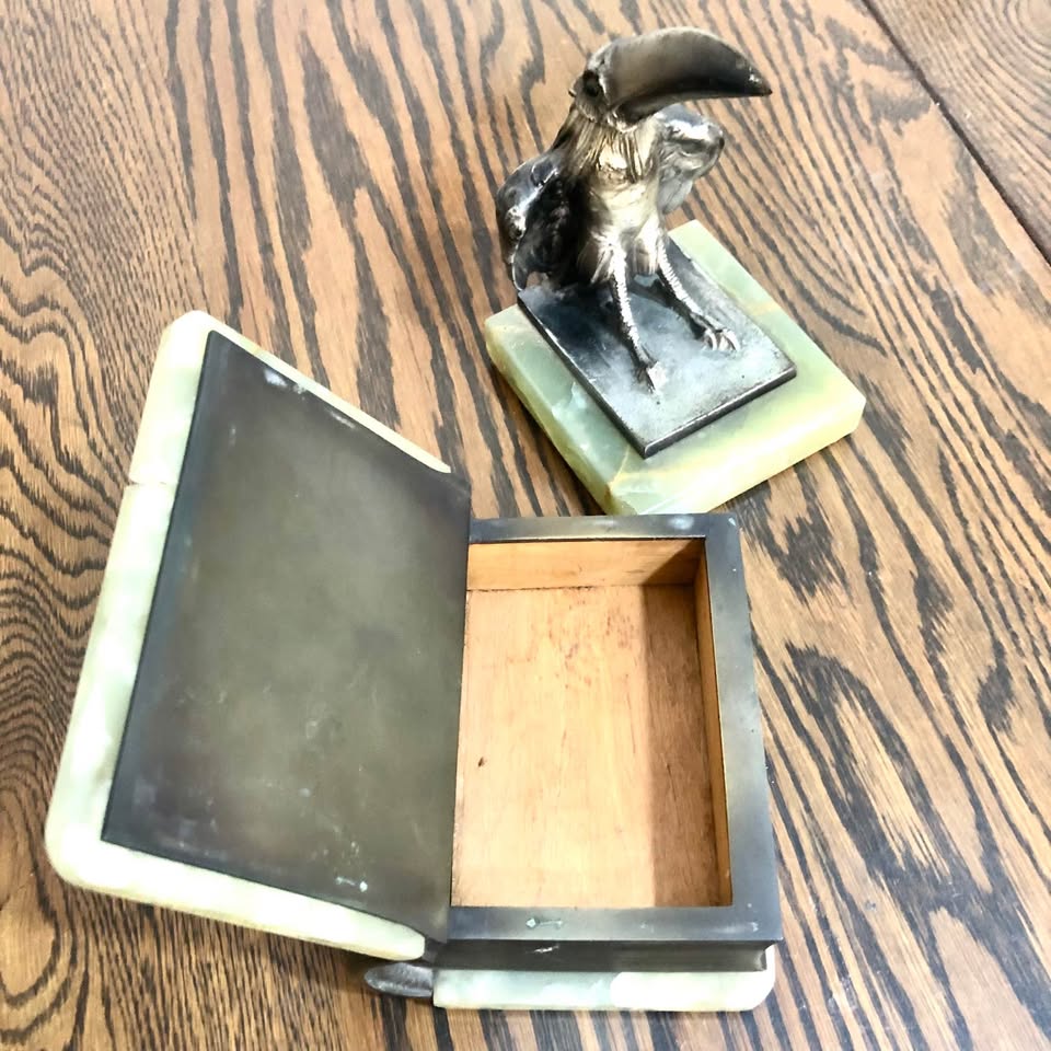 Antique Austrian Bronze & Green Onyx Book-Shaped Box & matching Bird book end, col-in Florida Glen