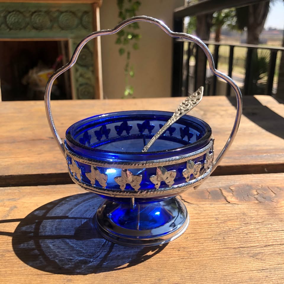 Vintage Cobalt Blue Sugar Bowl & Silver-Plated Holder – Art Deco Elegance
