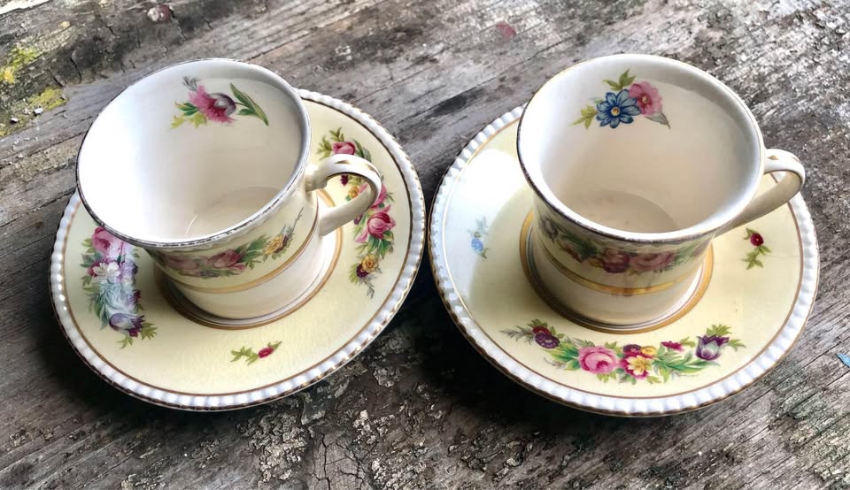 SIMPSONS POTTERY ENG AMBASSADOR WARE DEMI CUPS & SAUCERS HAMPTON COURT - 1 cup has chip as per pic