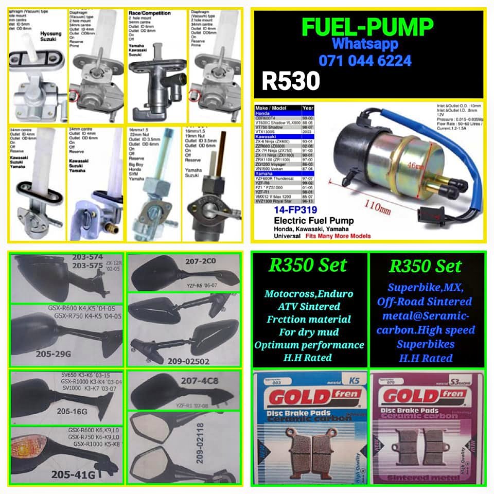 Bike Fuel taps,Fuel pump,Brake pads,Mirror's