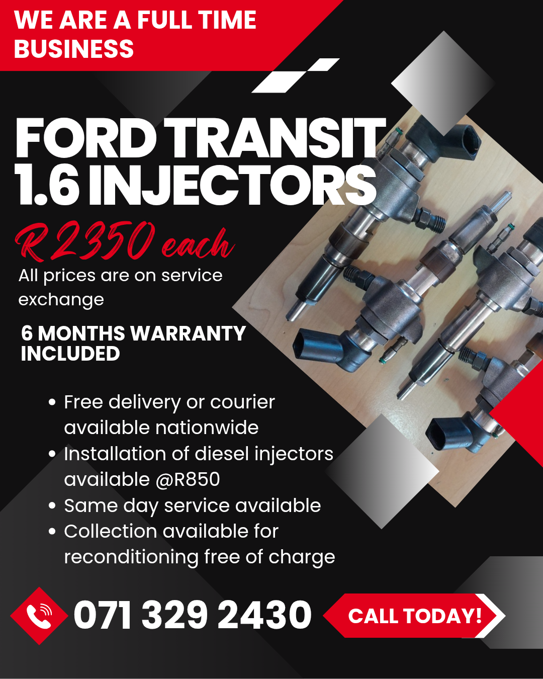 FORD TRANSIT 1.6 INJECTORS FOR SALE WITH WARRANTY - Private Seller FORD TRANSIT 1.6 INJECTORS FOR SALE WITH WARRANTY - Private Seller
