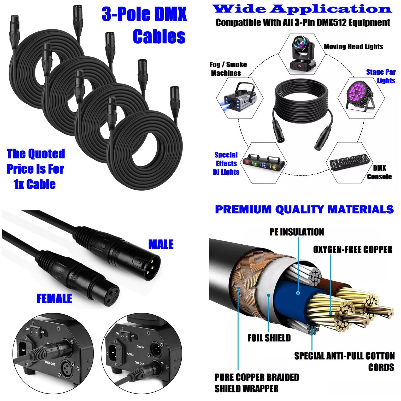 DMX512 Cable 3Pin 5metres XLR Male Female for Audio, Sound, Visual Equipment.NEW