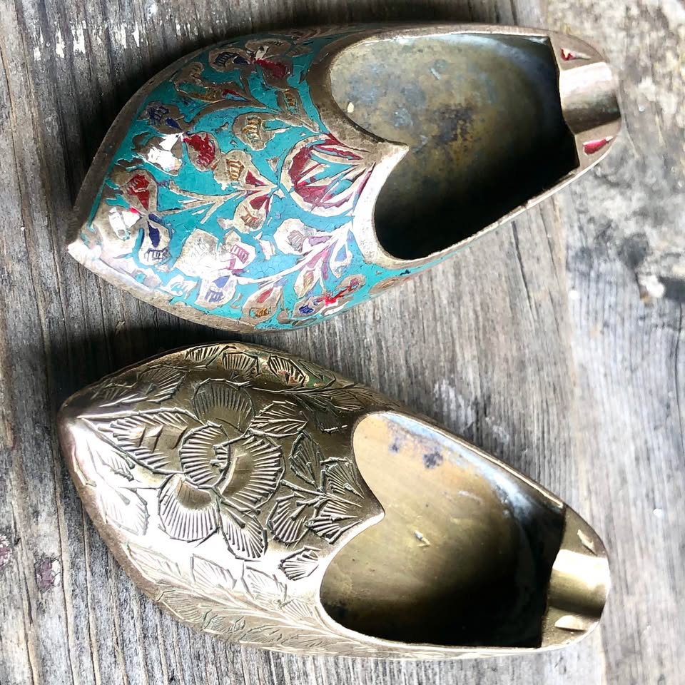 2x Vintage Indian Brass Shoe Ashtrays