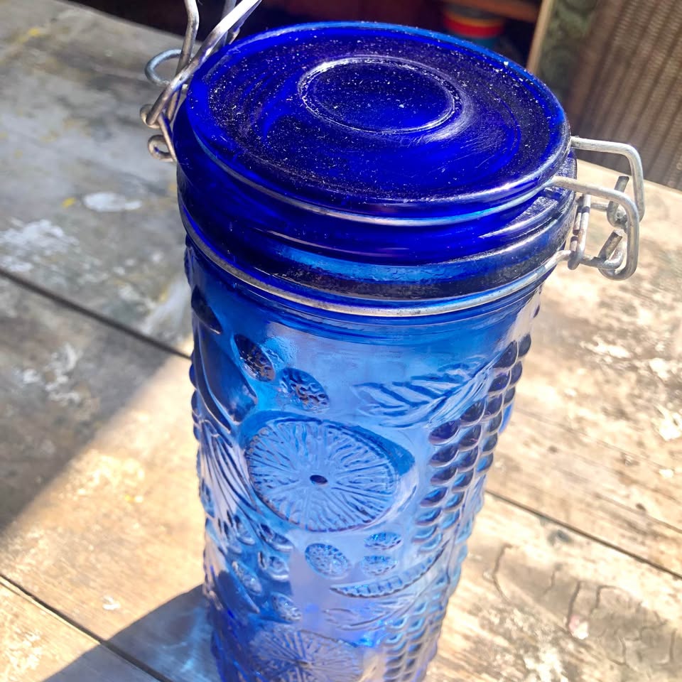 Vintage Glass Cobalt Blue Canister - Pressed Glass with protruding fruit