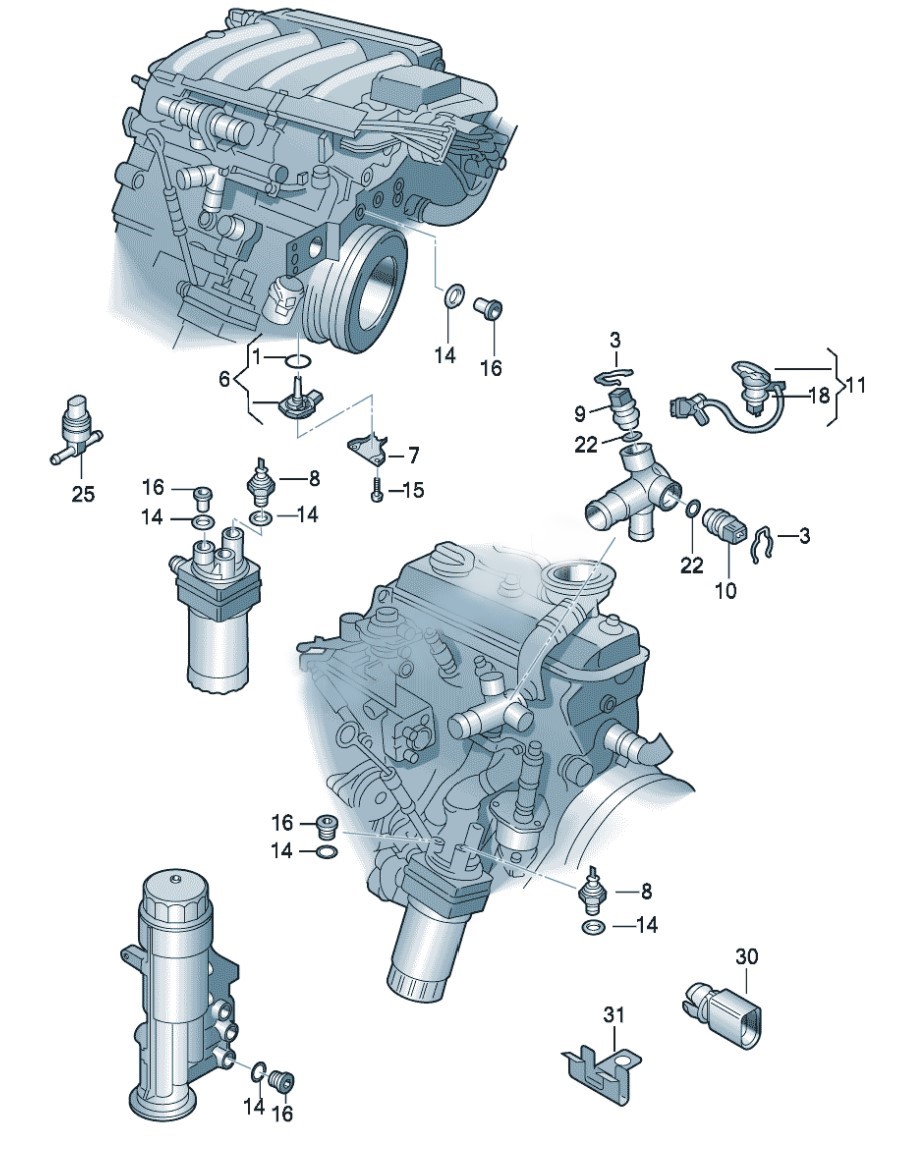 VW 1.4 TSI Switches and sensors on engine and gearbox
