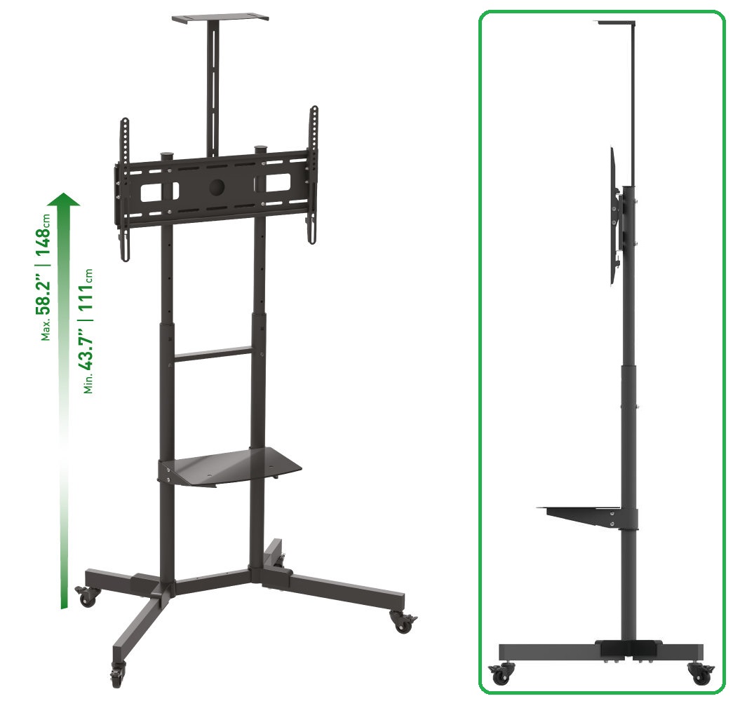 Mobile TV Trolley Tilt, Vertical Adjustment Stand Cart With Wheels And Shelves.
