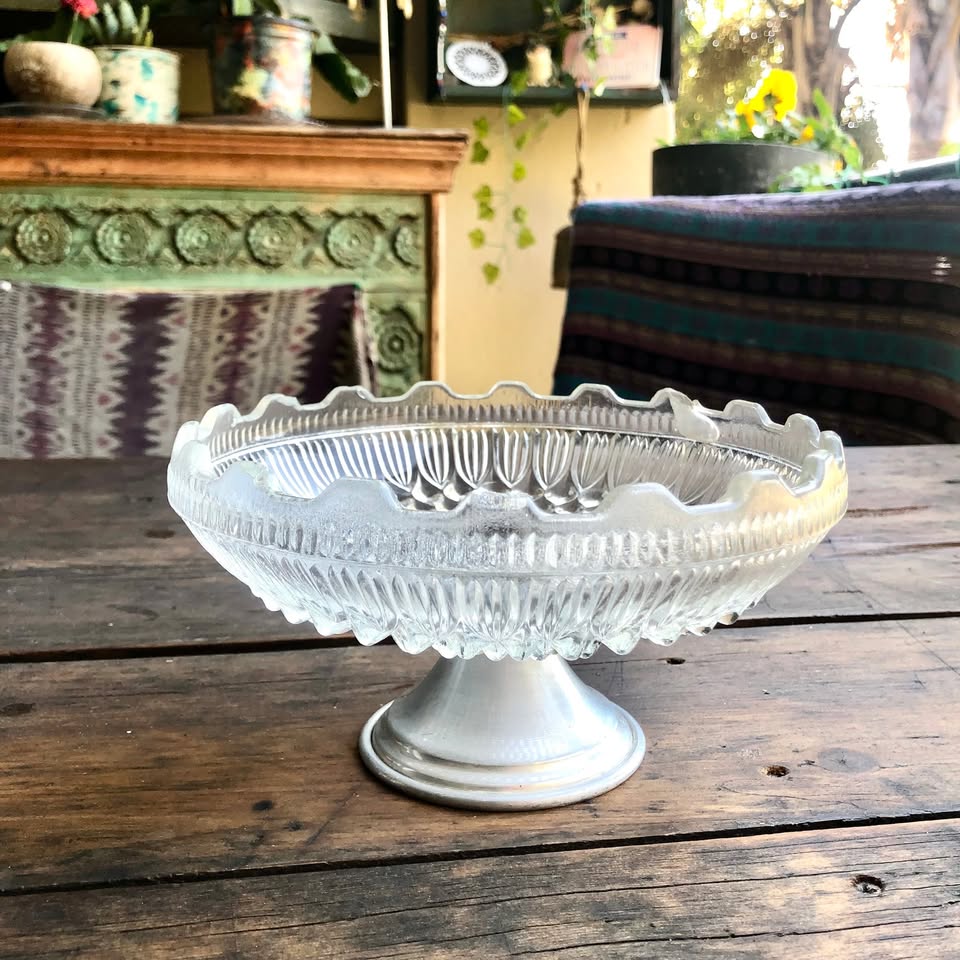 Medium Vintage Mid-Century West German Pressed Glass Footed (Silver Plated) Bowl