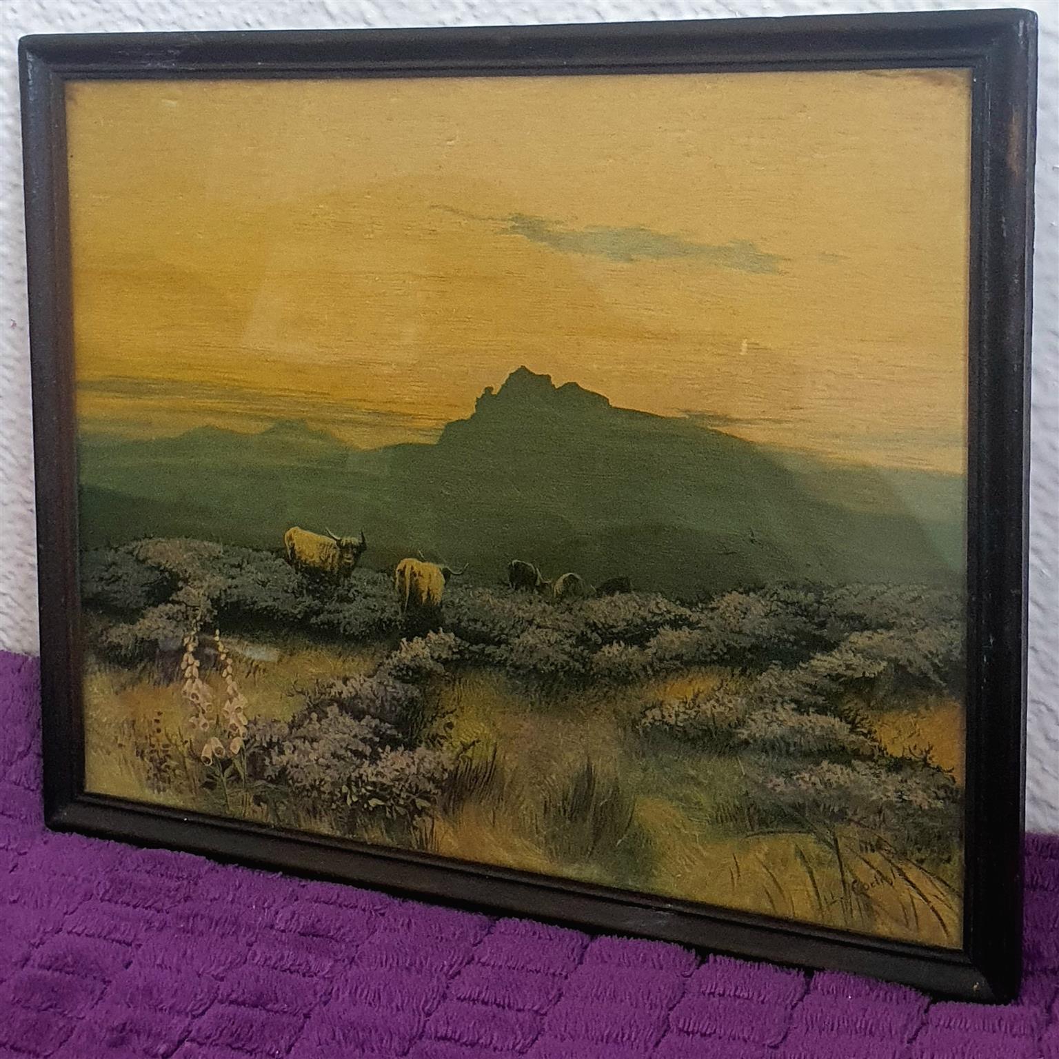 Gouche water-based Gaelic animal and landscape painting by L. CARLISLE