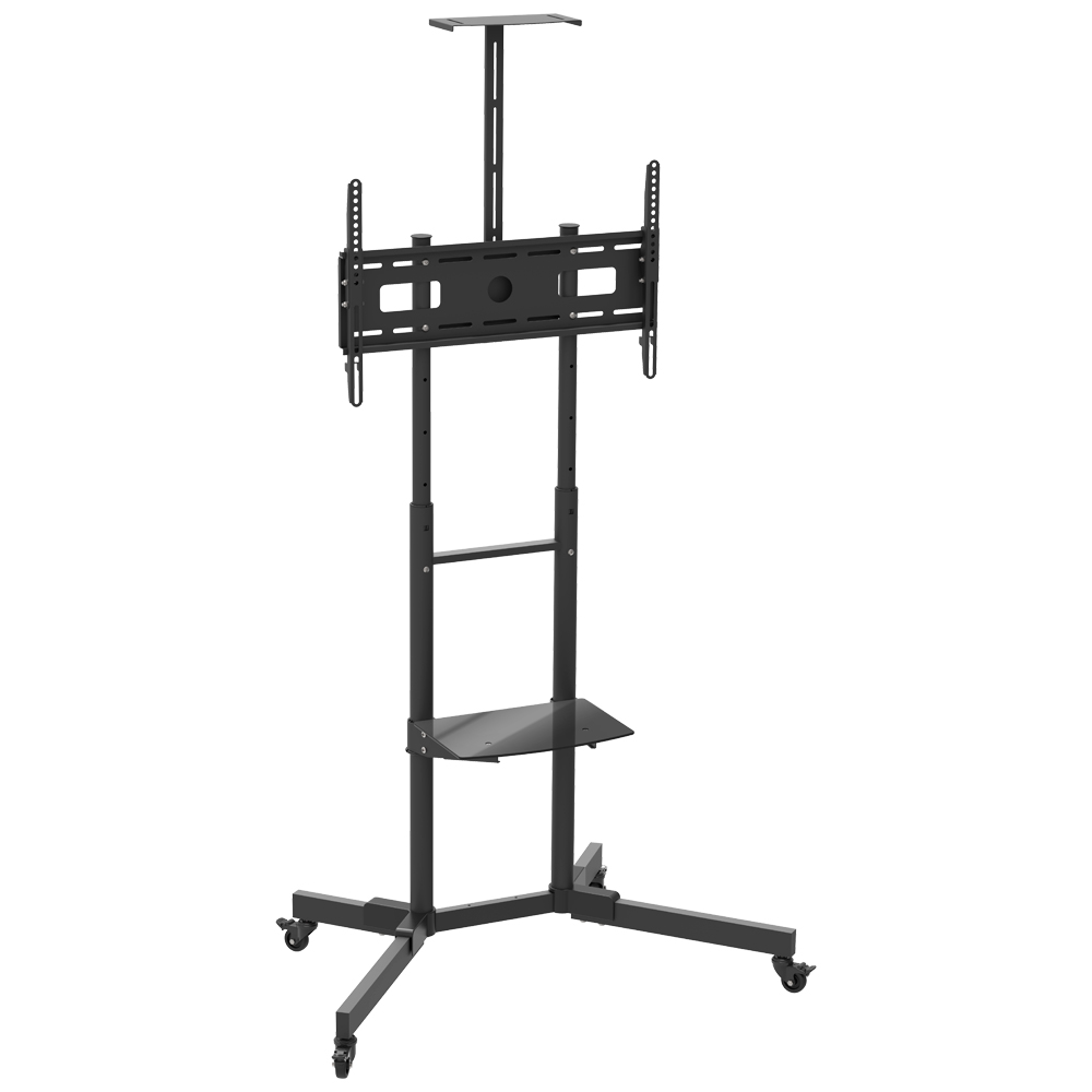 Mobile TV Trolley Tilt, Vertical Adjustment Stand Cart With Wheels And Shelves.