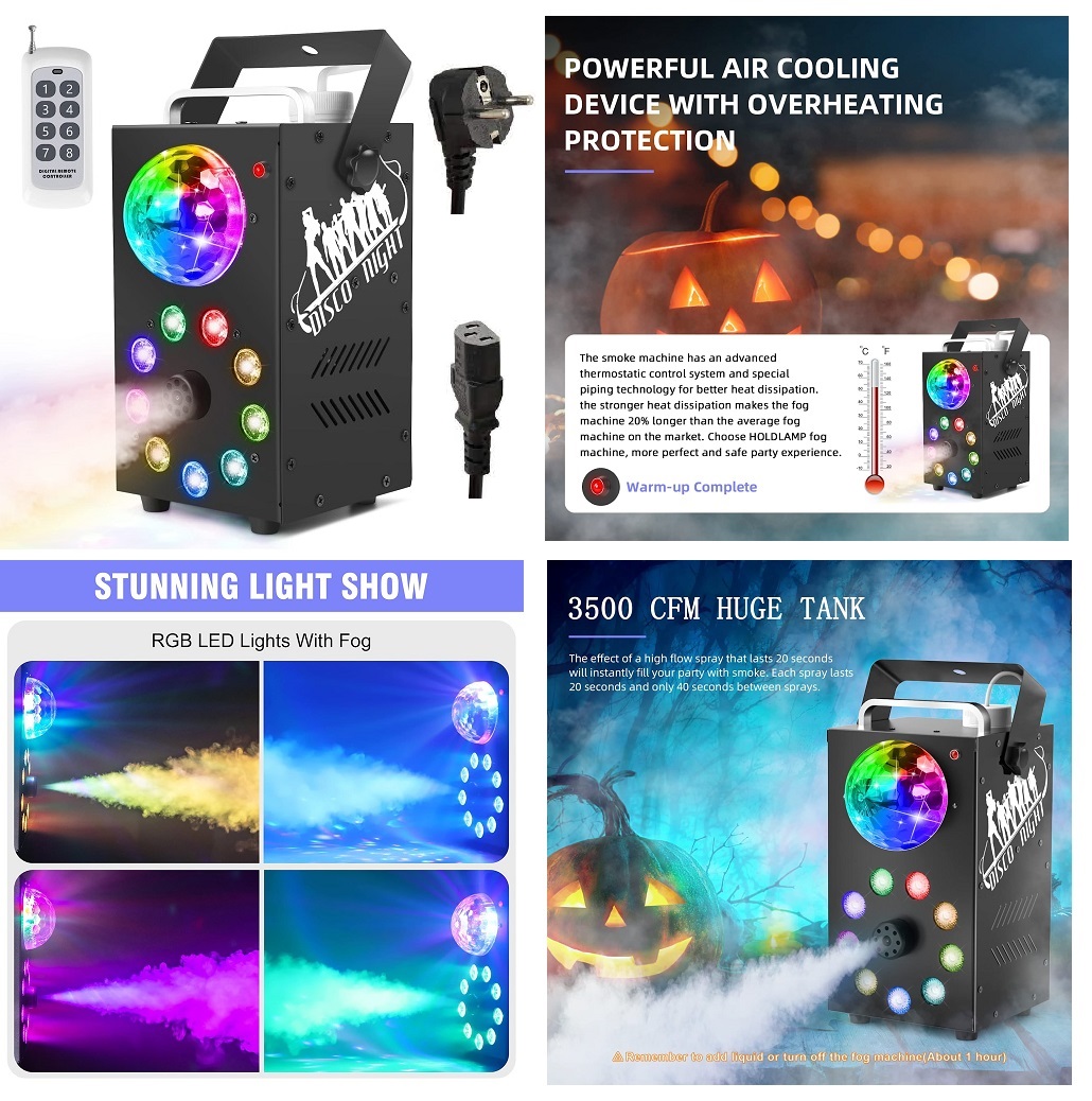 Professional Smoke Fog Machine with MultiColour RGB LEDs, Rotating Light Ball.