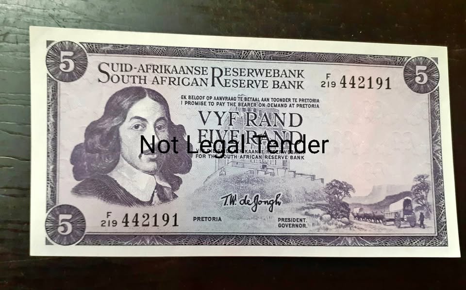 South Africa Five Rand TW de Jongh Bank Note – UNC South Africa Five Rand TW de Jongh Bank Note – UNC