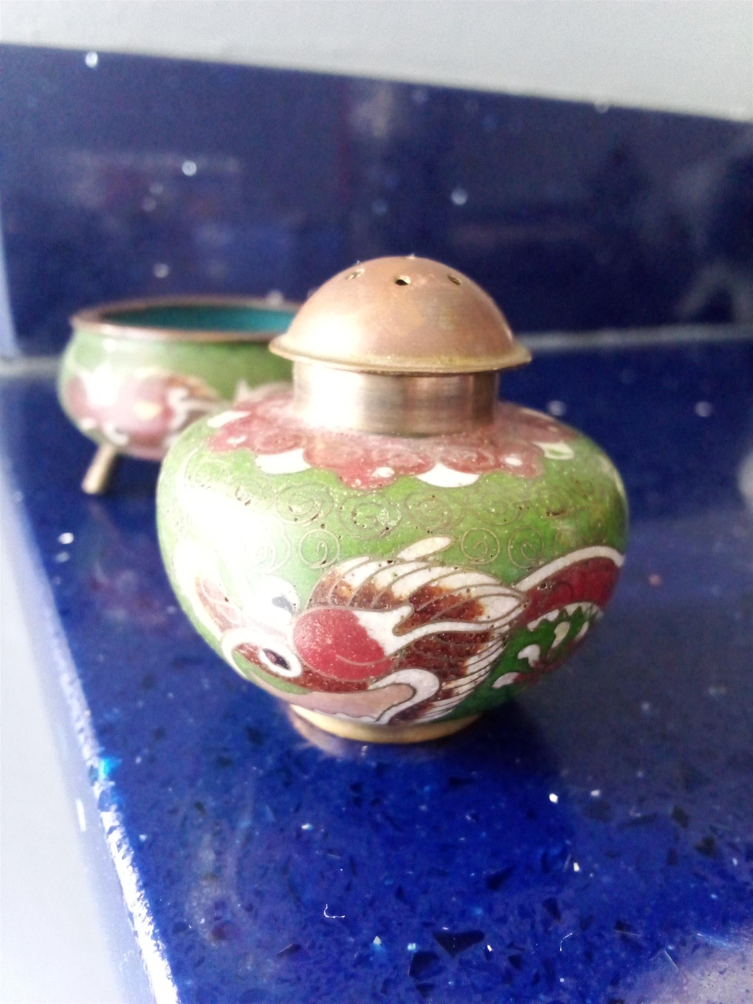 Vintage cloisonne salt and pepper set