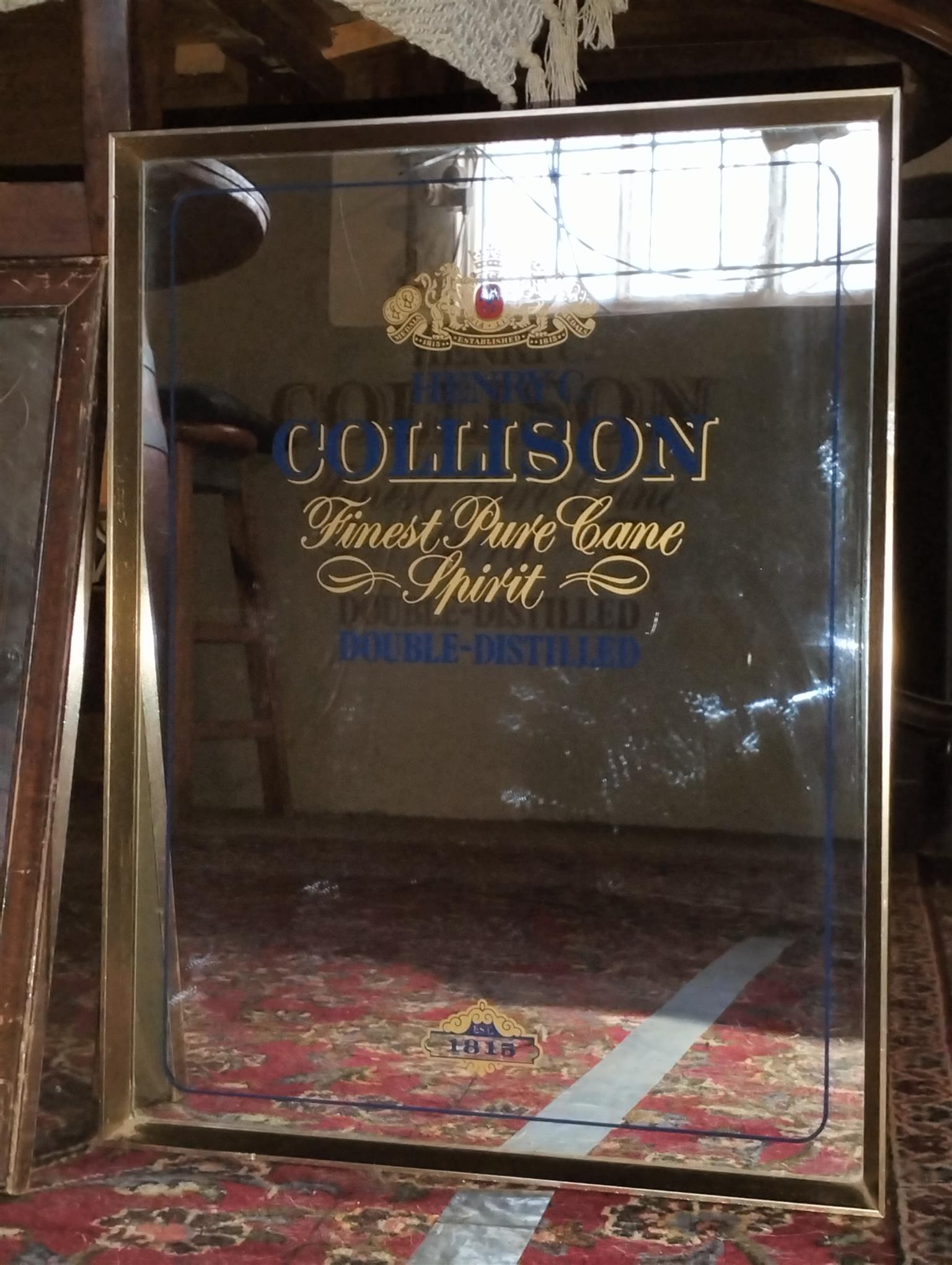 Antique bar mirror Collins finest cane spirit Antique bar mirror Collins finest cane spirit