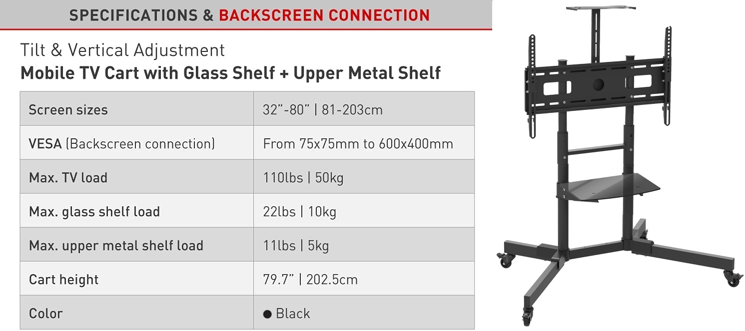 Mobile TV Trolley Tilt, Vertical Adjustment Stand Cart With Wheels And Shelves.