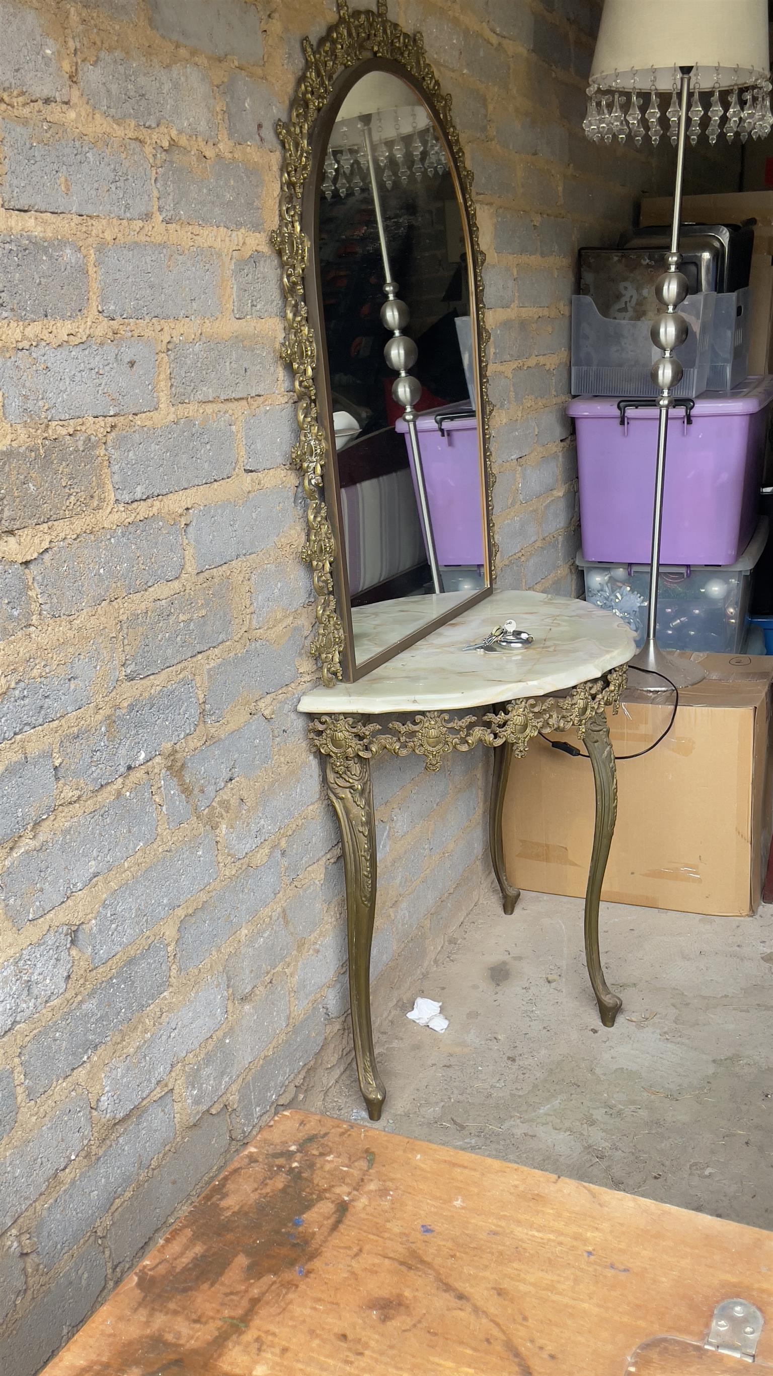 Stunning ornate moulded brass wall mirror and half moon marble table