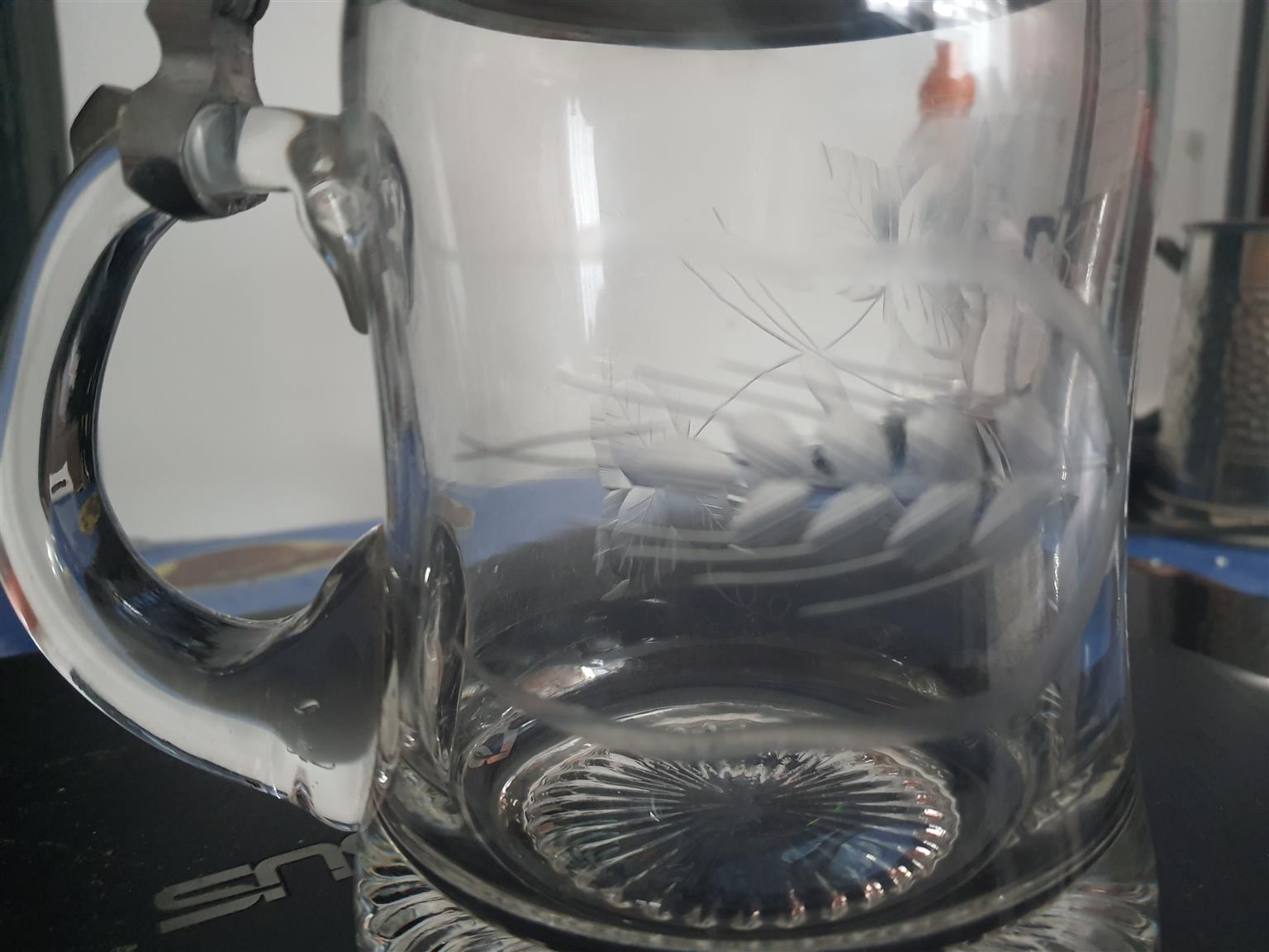 BMW Pewter lid glass beer stein mug - ERBO ZINN 8"