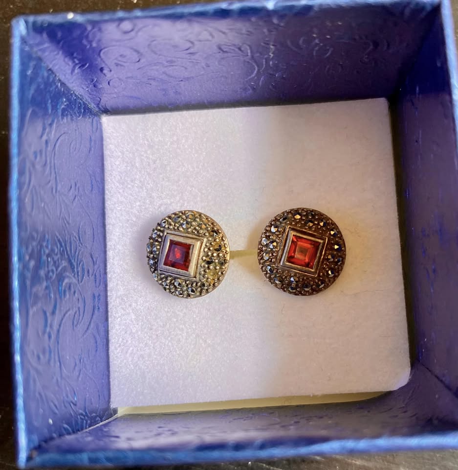 Vintage garnet and marcasite sterling silver earrings