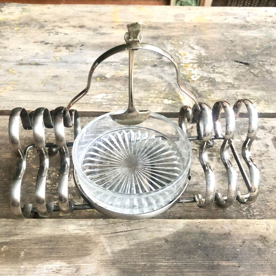 Vintage Silver Plated Toast Rack with Glass Bowl for butter or jam - Early 1950s