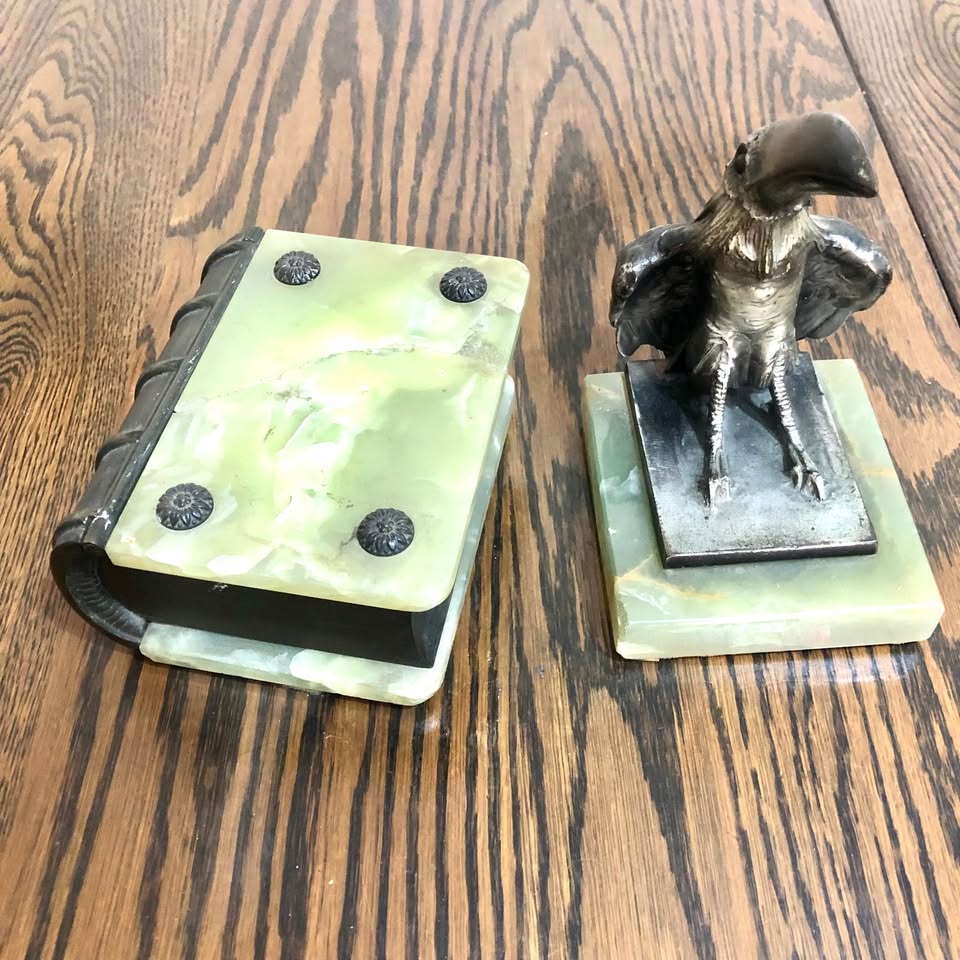Antique Austrian Bronze & Green Onyx Book-Shaped Box & matching Bird book end, col-in Florida Glen Antique Austrian Bronze & Green Onyx Book-Shaped Box & matching Bird book end, col-in Florida Glen