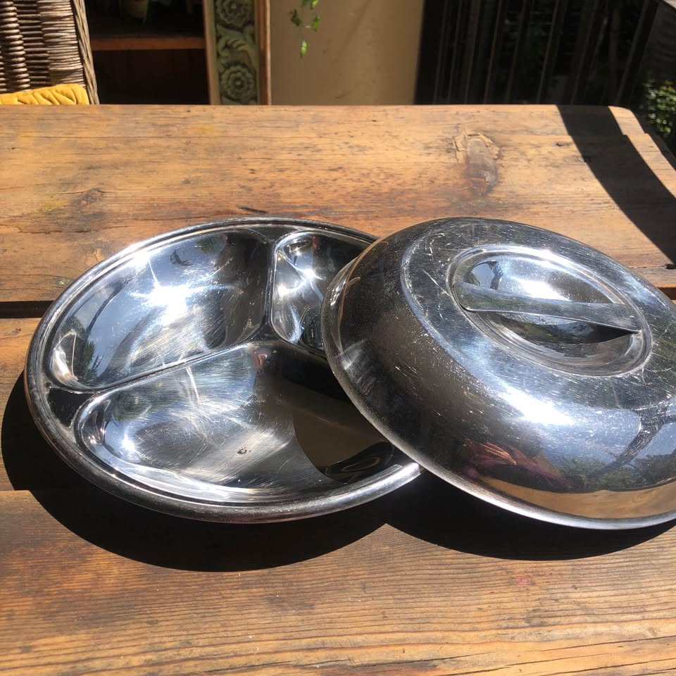 Vintage Stainless Steel Serving Dish with 3-Division Divider and Lid